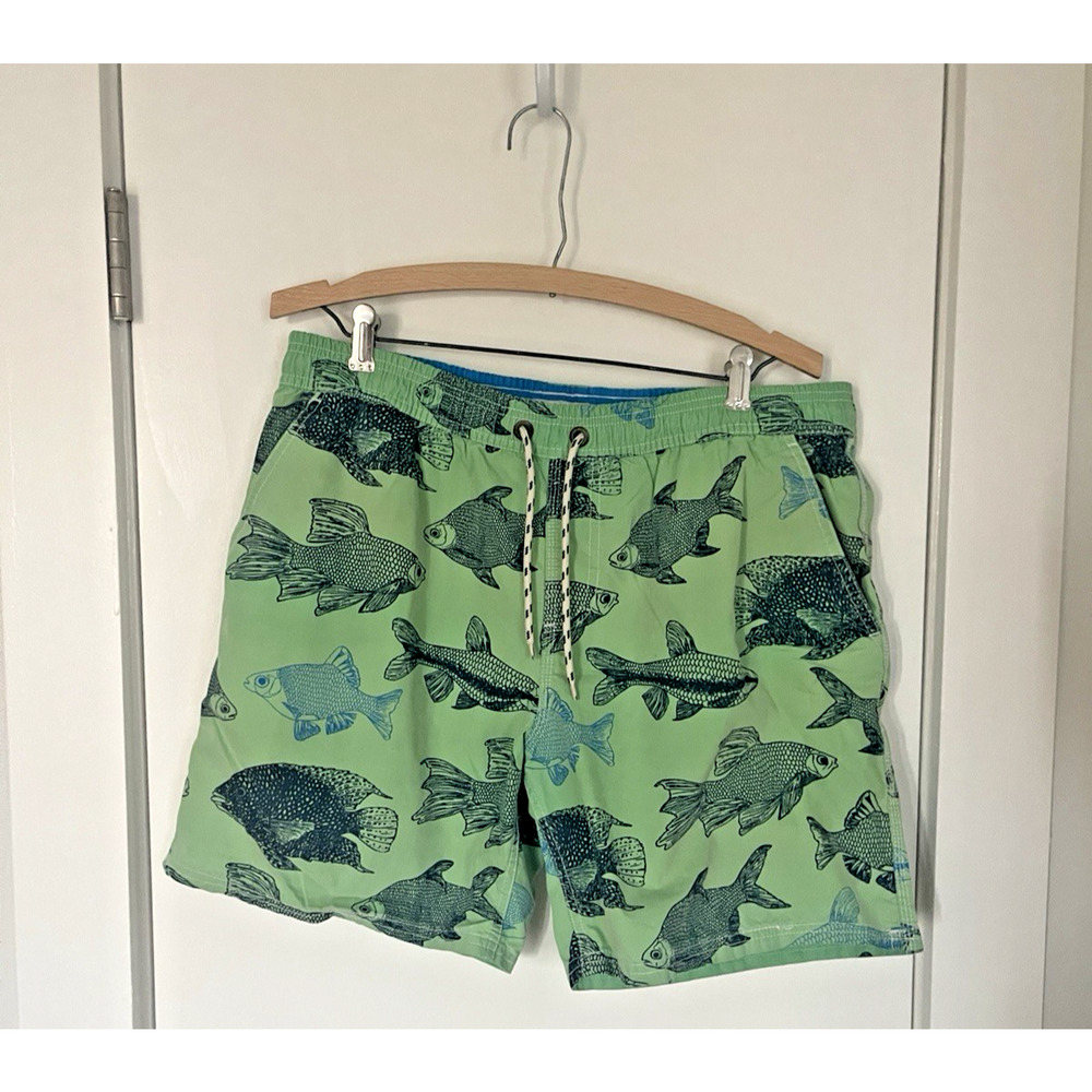 Boden Men’s 34 Mesh Lined 7" inseam Pockets Green Blue Fish Swim Trunks Shorts